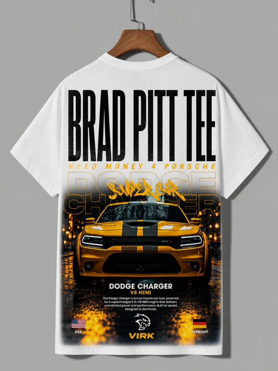 Need Money for Porsche Dodge racing inspired graphic T-shirt close up design detail print