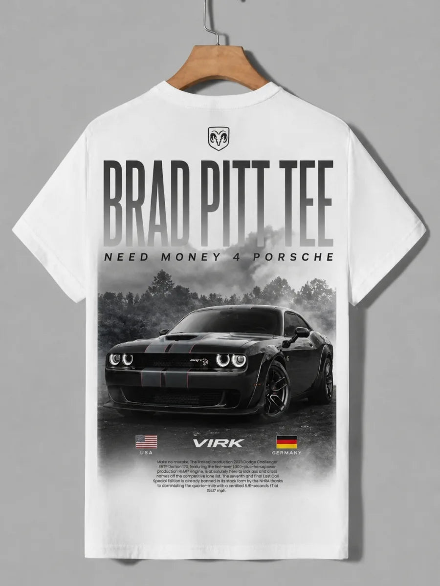 Need Money for Porsche Dodge racing inspired graphic T-shirt front view modern streetwear style