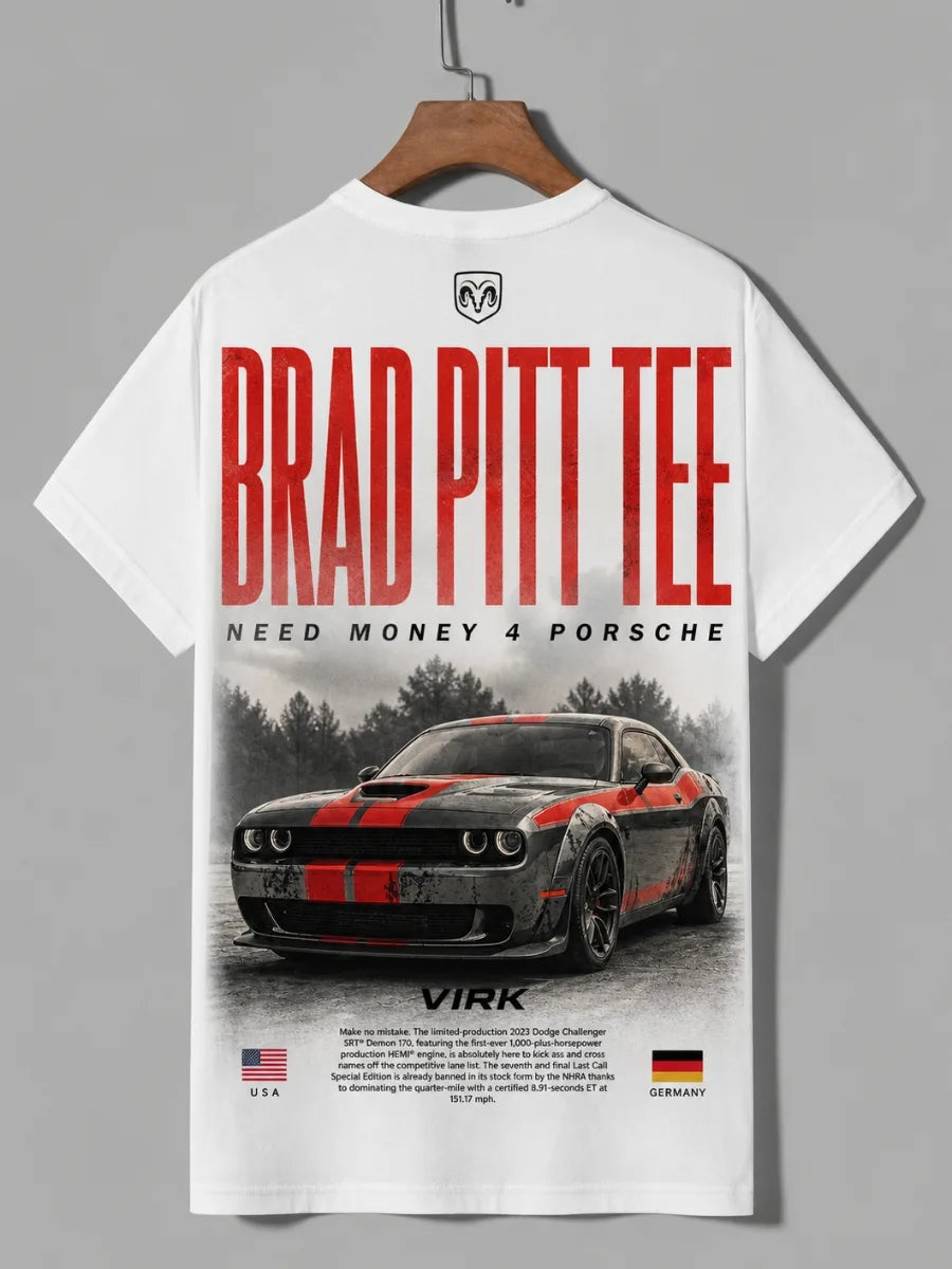 Need Money for Porsche Dodge racing inspired graphic T-shirt side angle trendy apparel fit