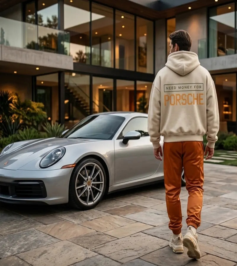 Cream Need Money for Porsche hoodie with a dark-green rectangular text frame and large orange dot-matrix Porsche lettering on the back