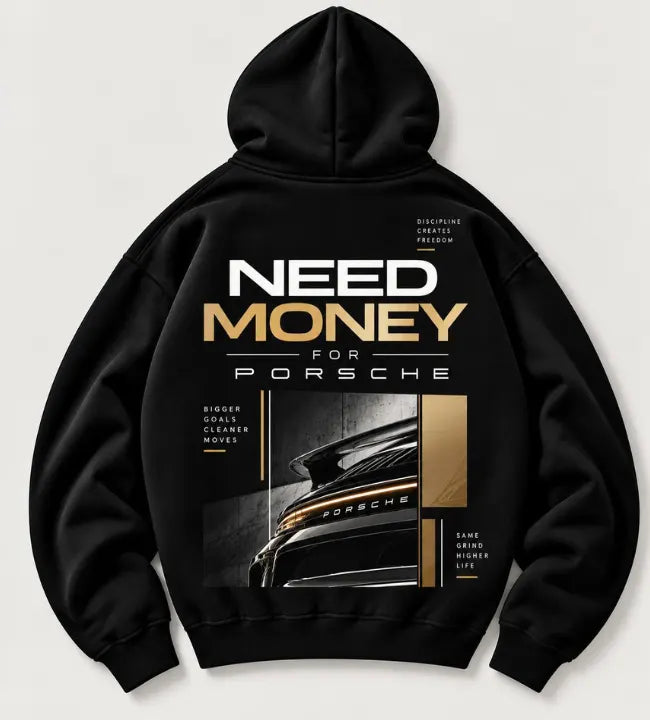 Black Need Money for Porsche hoodie with cream and gold lettering, geometric accents and a rear spoiler photo collage