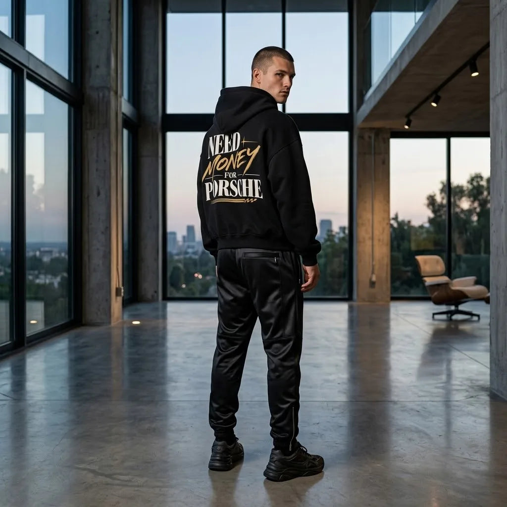 Black Need Money for Porsche hoodie with ivory serif lettering, gold brush-style MONEY text, a gold star and racing stripe underline