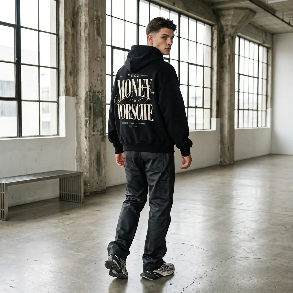 Black Need Money for Porsche hoodie with oversized ivory serif lettering, sweeping gold orbit line and Dreams Fuel Progress back print