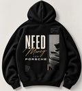 Black Need Money for Porsche hoodie with gold handwritten lettering and vertical monochrome Porsche rear photo panel on the back