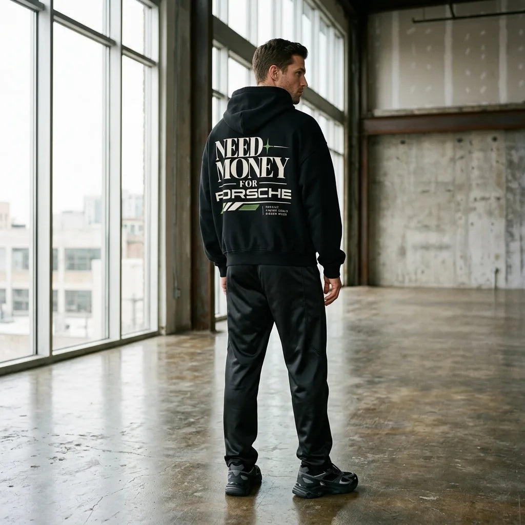 Black Need Money for Porsche hoodie with ivory serif lettering, lime-green racing stripes and green star on the back