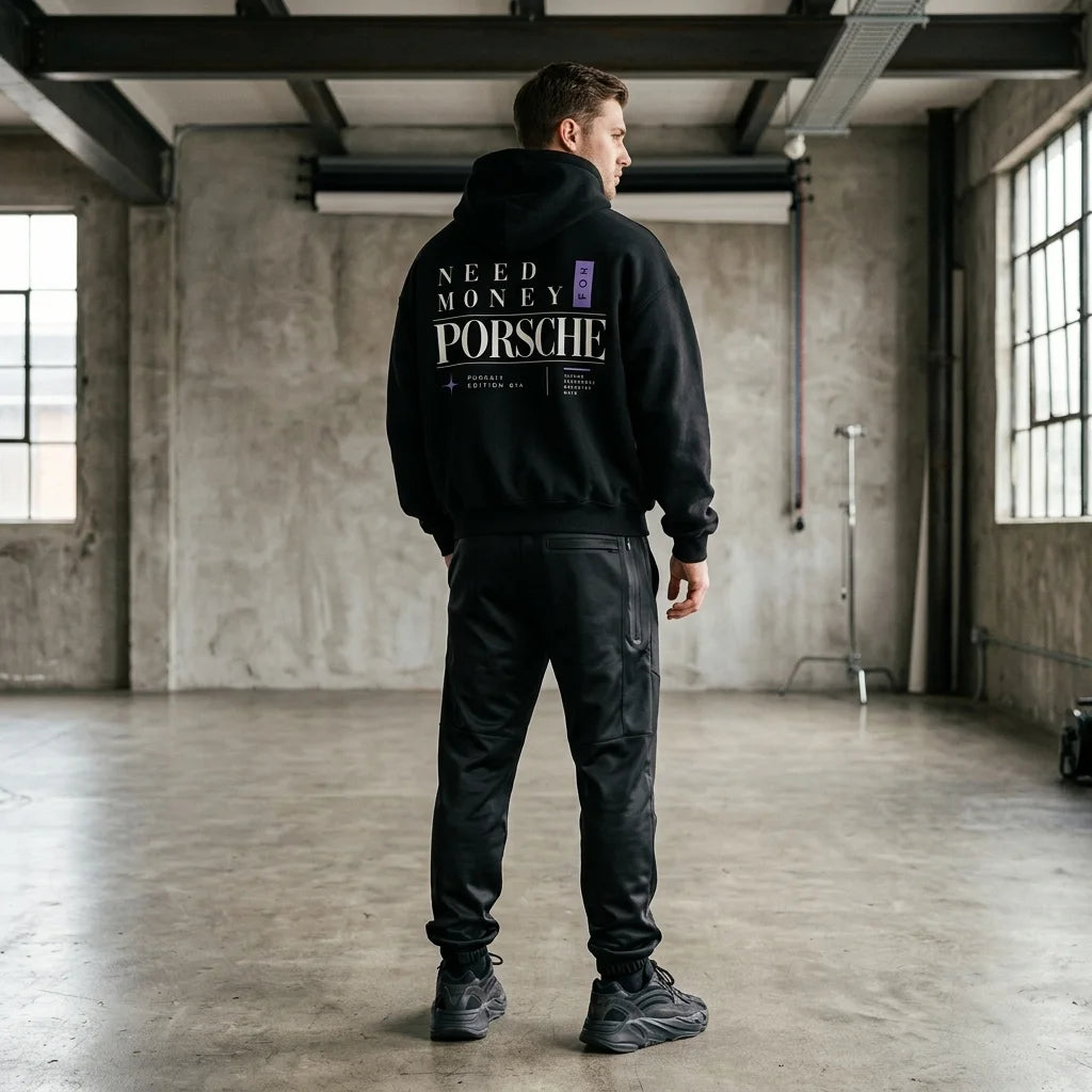 Model wearing a black Need Money for Porsche hoodie with bold ivory lettering, lavender star and vertical accent tab on the back