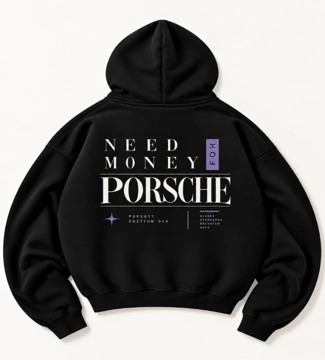 Black Need Money for Porsche hoodie with ivory serif lettering, vertical lavender FOR tab and Pursuit Edition 014 back print