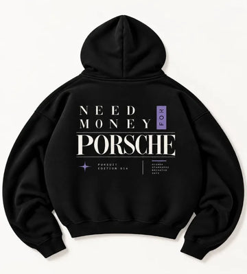 Black Need Money for Porsche hoodie with ivory serif lettering, vertical lavender FOR tab and Pursuit Edition 014 back print