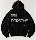 Black Need Money for Porsche hoodie with bold white typography, mint green accents and geometric star graphic on the back