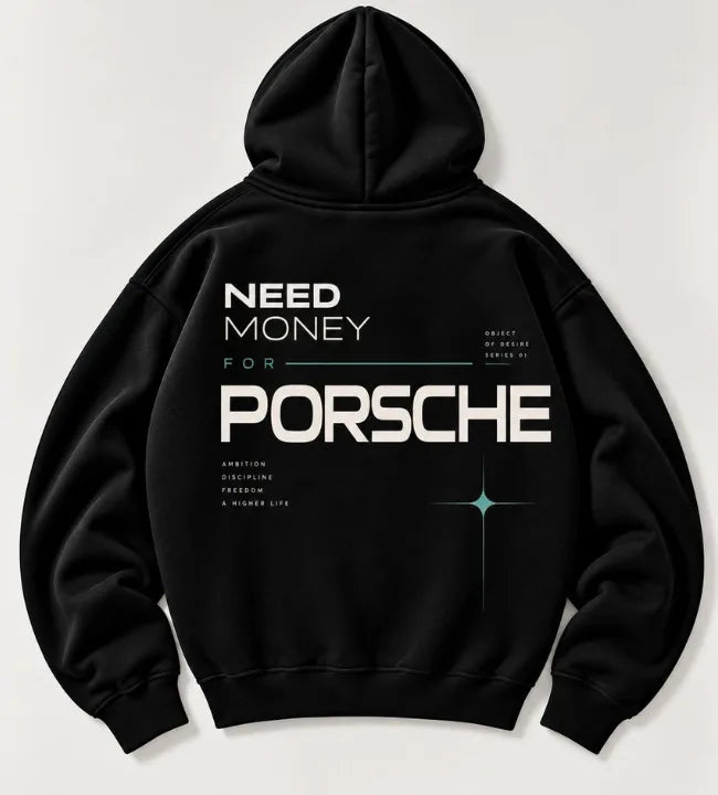 Black Need Money for Porsche hoodie with bold white typography, mint green accents and geometric star graphic on the back