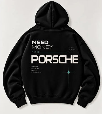 Black Need Money for Porsche hoodie with bold white typography, mint green accents and geometric star graphic on the back