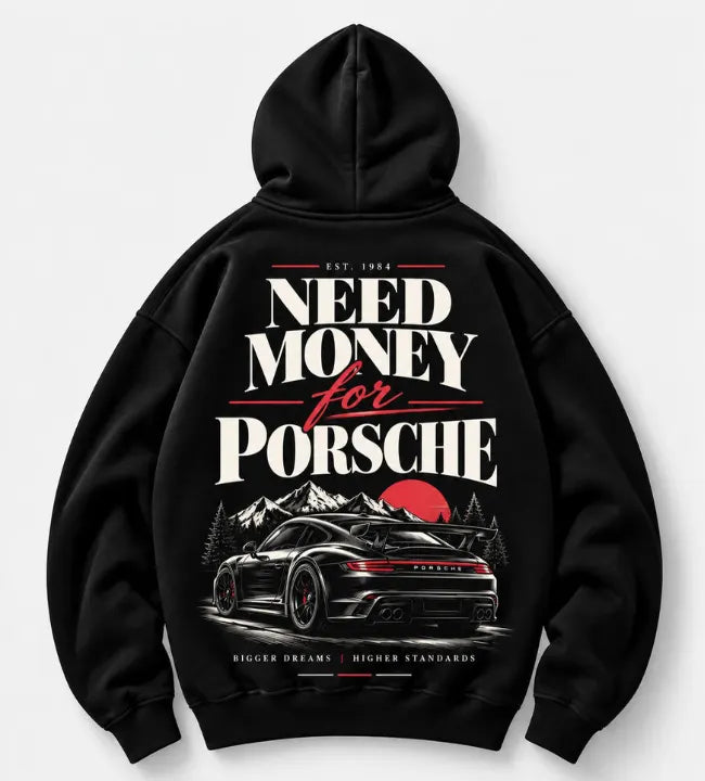 Black hoodie with Need Money for Porsche mountain sunset graphic and sports car back print