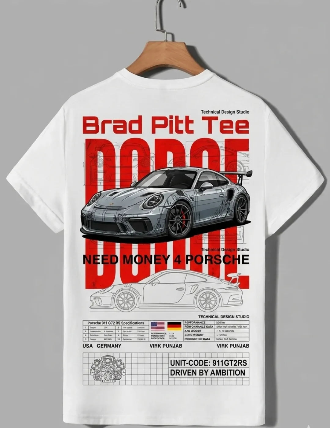 Need Money for Porsche Mustang inspired Brad Pitt streetwear T-shirt side angle trendy apparel fit