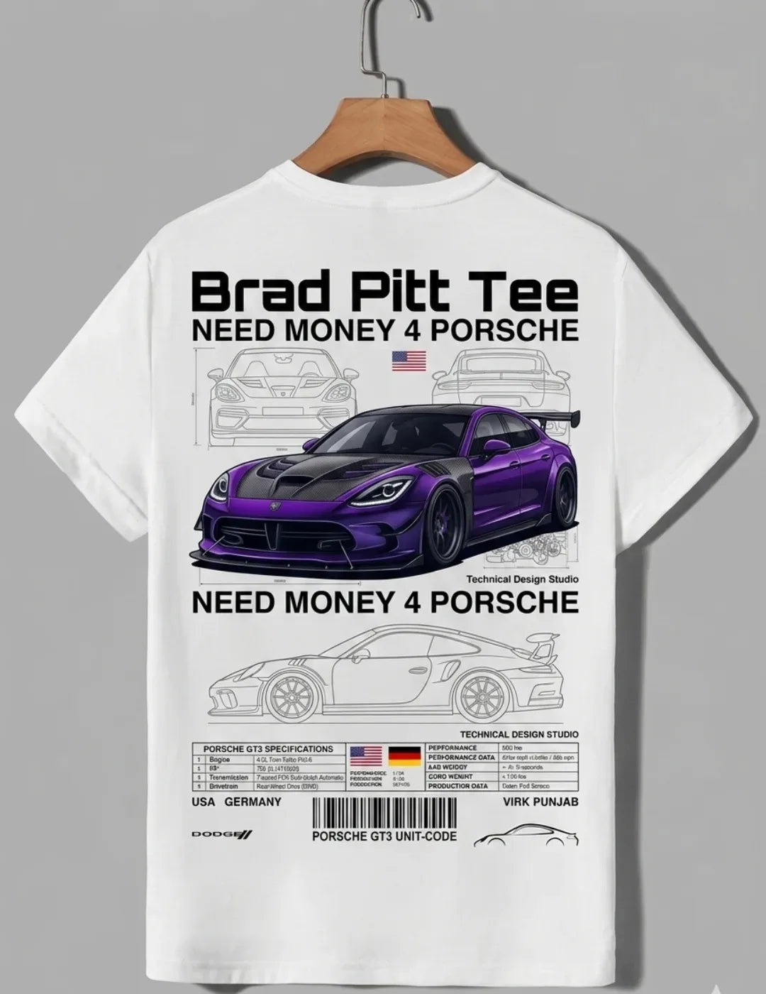 Need Money for Porsche Mustang street style Brad Pitt tee black color premium casual wear