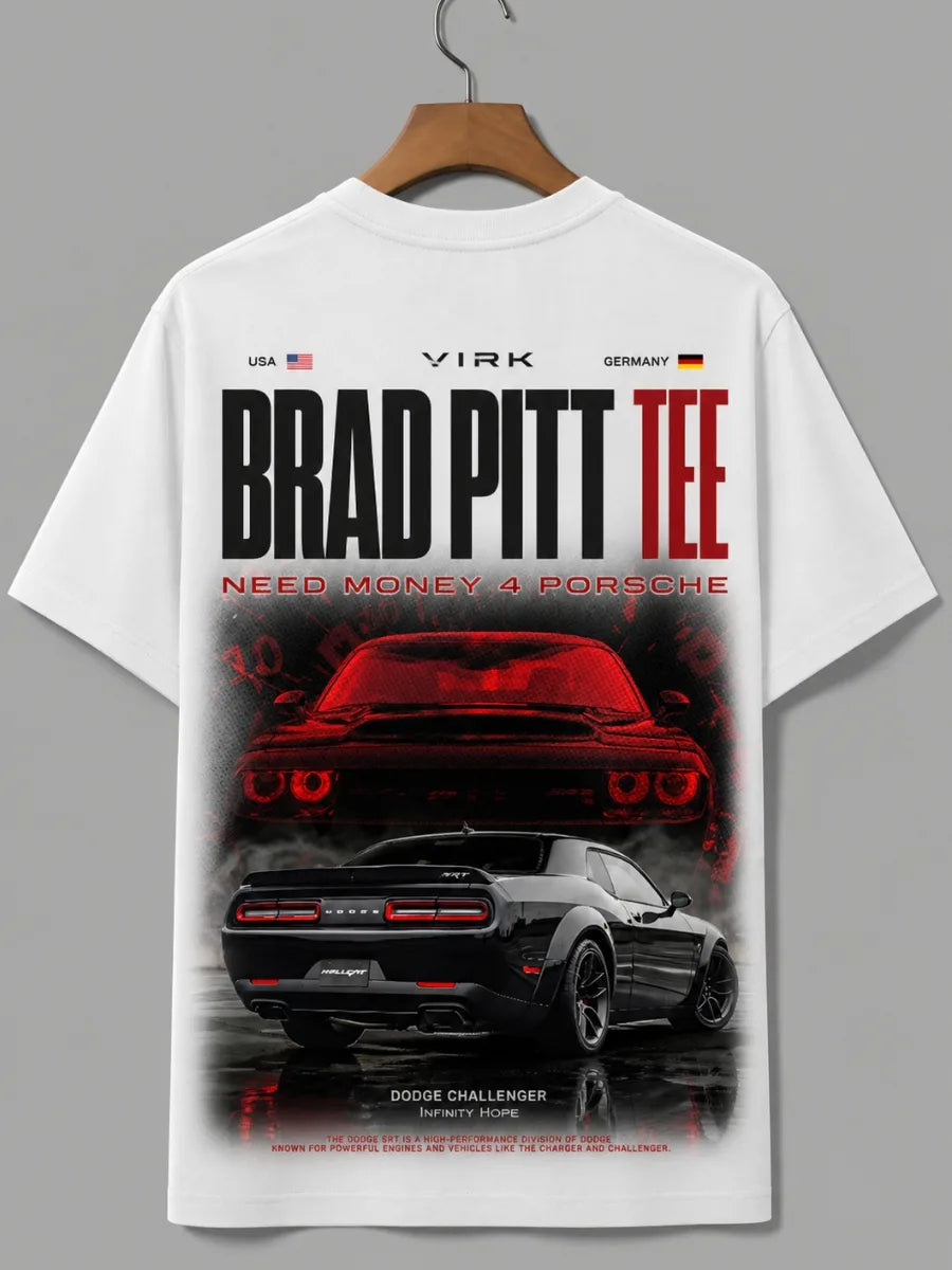 Need Money for Porsche Mustang street style Brad Pitt tee front view modern automotive streetwear