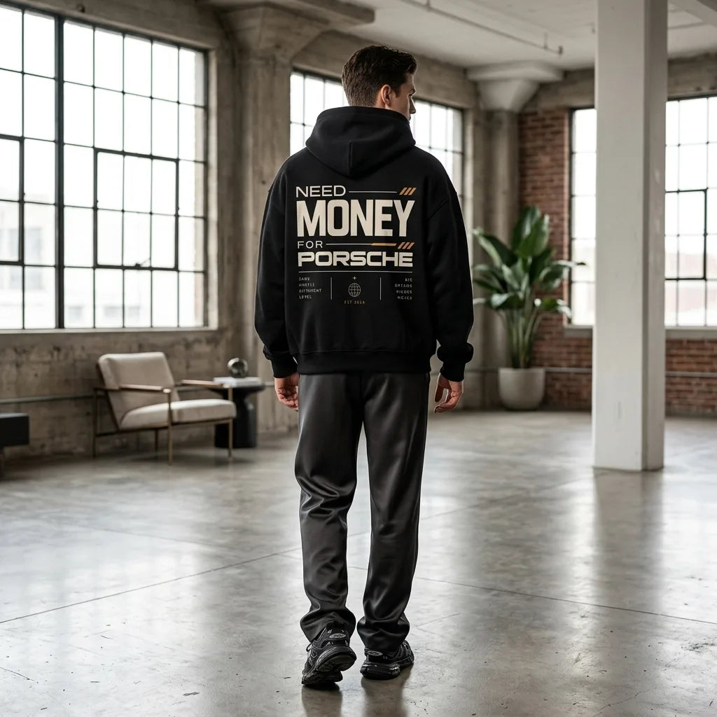 Model wearing black Porsche graphic hoodie with orange racing accents, bold MONEY lettering and Same Hustle Different Level back print