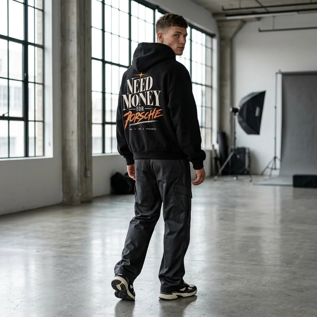 Model wearing a black Porsche graphic hoodie with oversized cream typography, orange handwritten lettering and Dreams Fuel Progress back print