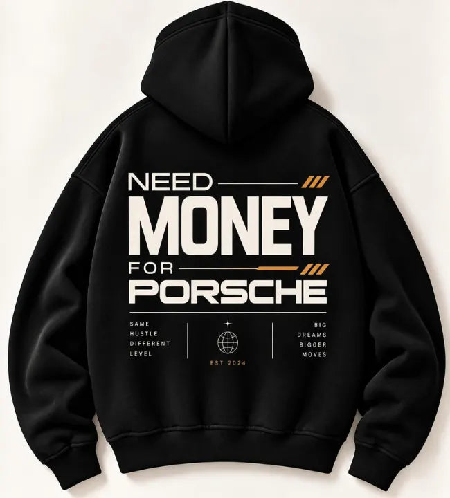 Black Need Money for Porsche hoodie with oversized ivory lettering, orange speed stripes and globe emblem on the back