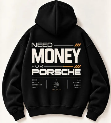 Black Need Money for Porsche hoodie with oversized ivory lettering, orange speed stripes and globe emblem on the back