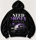 Black Need Money for Porsche hoodie with purple gradient lettering, rear-wing car photo collage and Same Dreams Higher Standards graphic