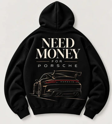 Model wearing black Porsche graphic hoodie with large cream lettering, gold sports car outline and racing wing back print