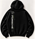 Black Need Money for Porsche hoodie with vertical ivory lettering on the left side of the back and Higher Goals Bigger Miles text