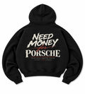 Black hoodie back view with Need Money for Porsche brush lettering and Vintage Drive Club 1984 graphic