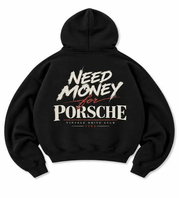 Black hoodie back view with Need Money for Porsche brush lettering and Vintage Drive Club 1984 graphic