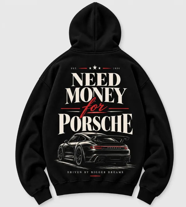 Black Porsche graphic hoodie with cream vintage lettering, red accents and detailed sports car back print