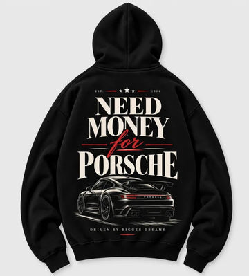 Black Porsche graphic hoodie with cream vintage lettering, red accents and detailed sports car back print