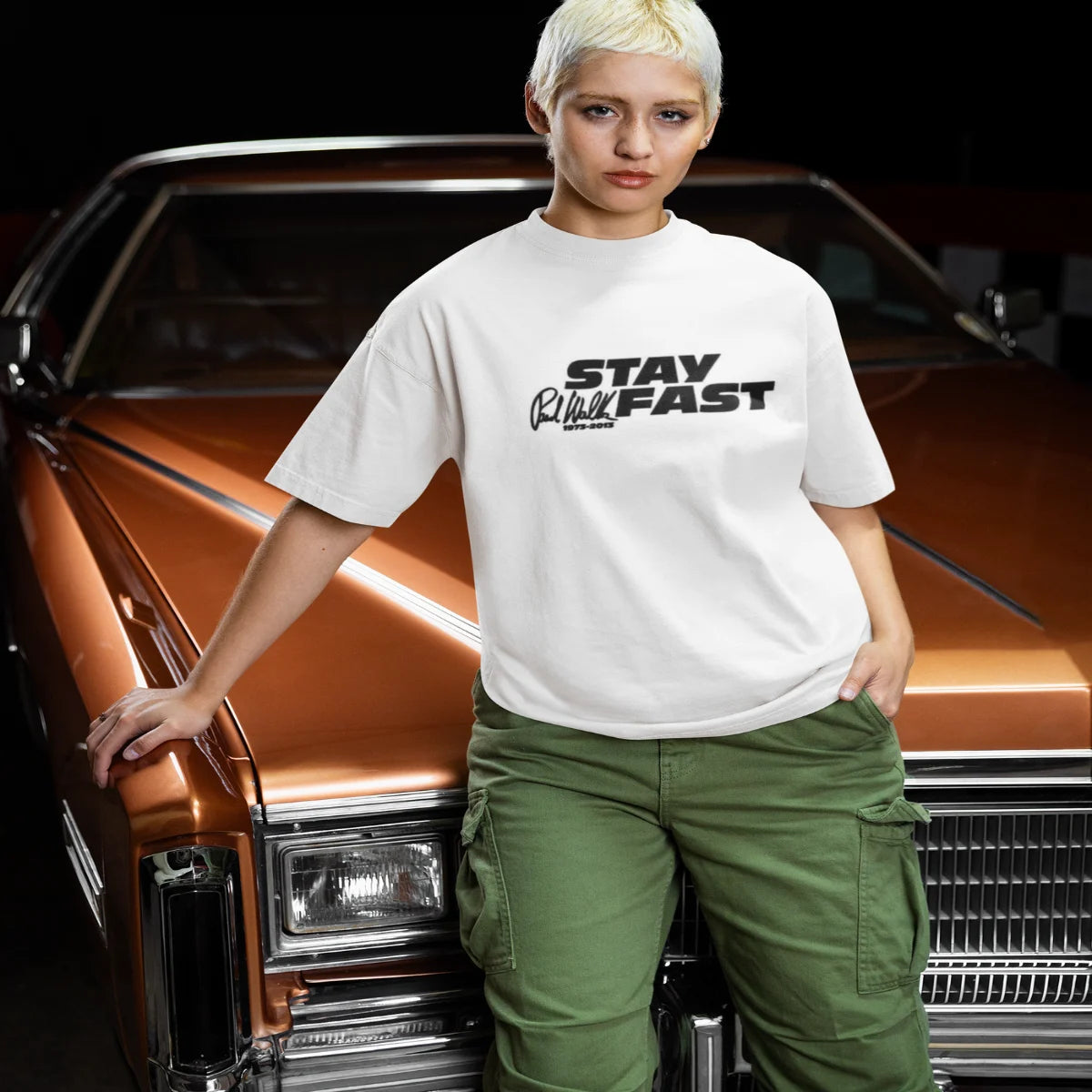 Model wearing Need Money For Porsche Classic Logo T-Shirt
