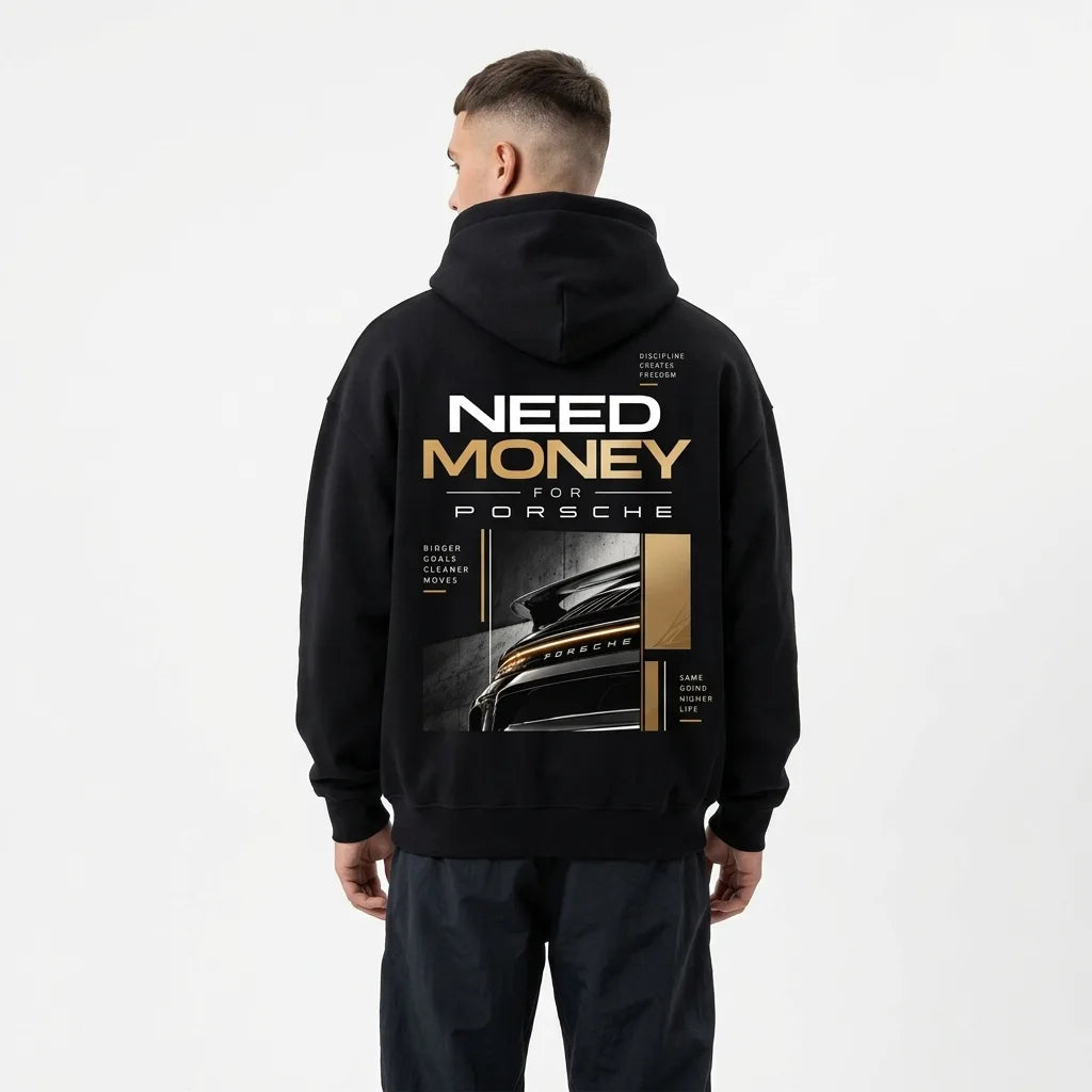 Black Need Money for Porsche hoodie with cream and gold lettering, geometric accents and a rear spoiler photo collage