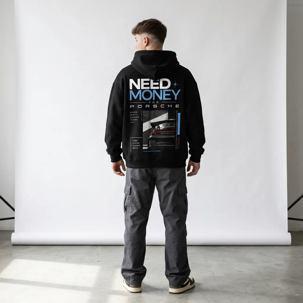 Black Need Money for Porsche hoodie with blue and white typography, rear-wing car photograph and geometric garage-inspired back print