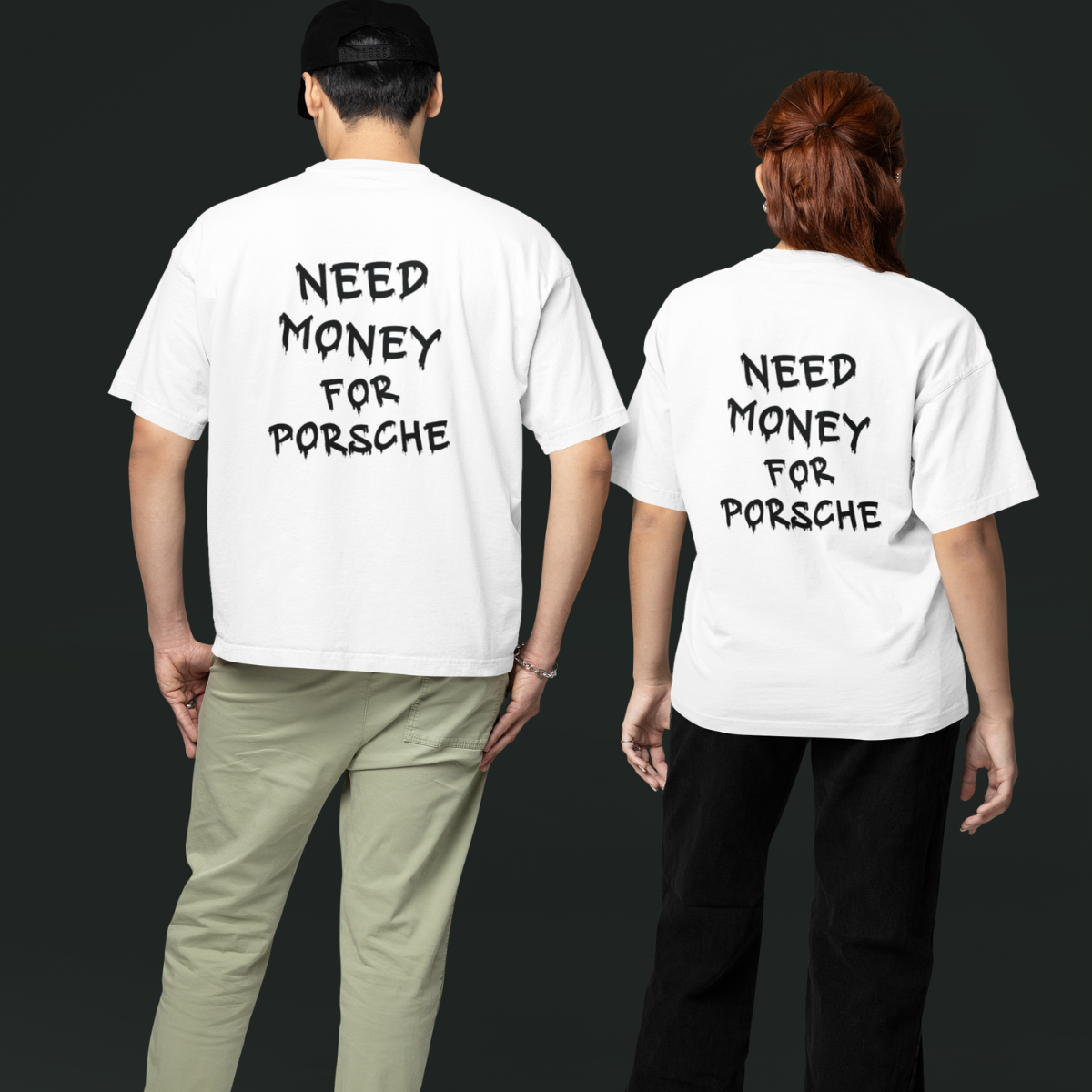 Need Money For Porsche Classic Minimal Oversized T-Shirt logo close up