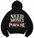 Male model wearing a black Porsche graphic hoodie with distressed cream lettering, red crown and Passion Dreams Lifestyle back print