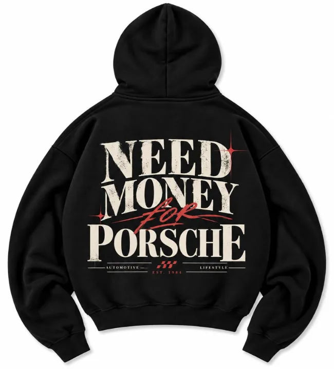 Male model wearing a black Porsche graphic hoodie with distressed cream lettering, red crown and Passion Dreams Lifestyle back print