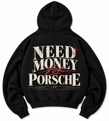 Male model wearing a black Porsche graphic hoodie with distressed cream lettering, red crown and Passion Dreams Lifestyle back print