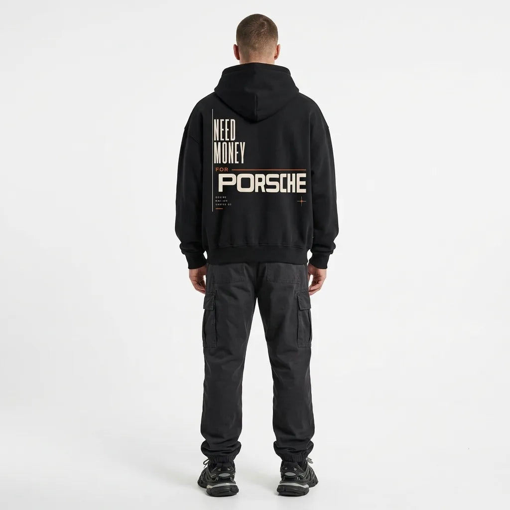 Black Need Money for Porsche hoodie with tall cream lettering, orange horizontal line and Desire Motion Series 03 back graphic