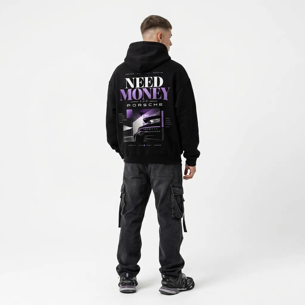 Model wearing a black Porsche graphic hoodie with purple MONEY typography, sports car rear-wing photograph and geometric back print