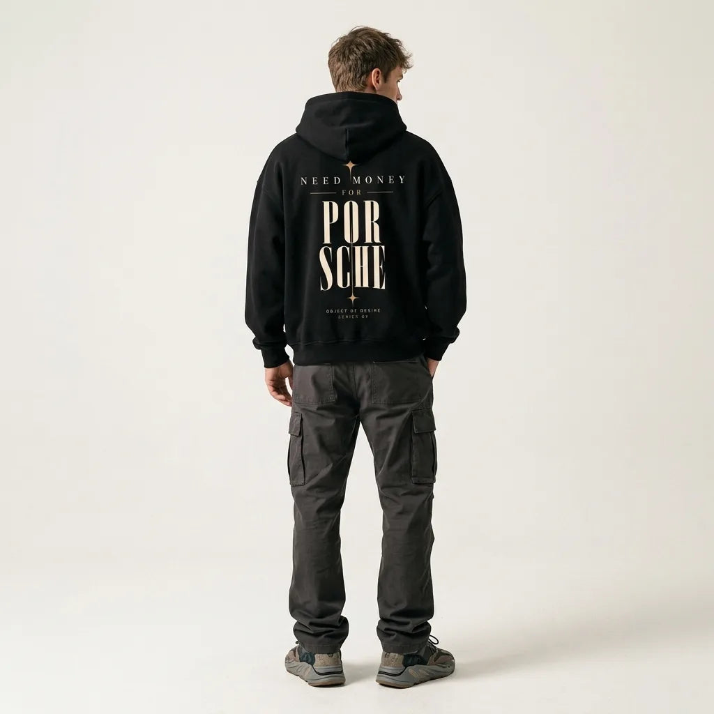 Black Need Money for Porsche hoodie with vertically stacked ivory POR SCHE lettering, gold stars and Object of Desire Series 09 print