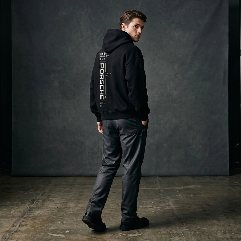 Model wearing a black Porsche graphic hoodie with slim vertical typography, fine olive accents and minimalist back print