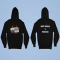 Premium streetwear hoodie in midnight black color with drawstring hood and kangaroo pocket