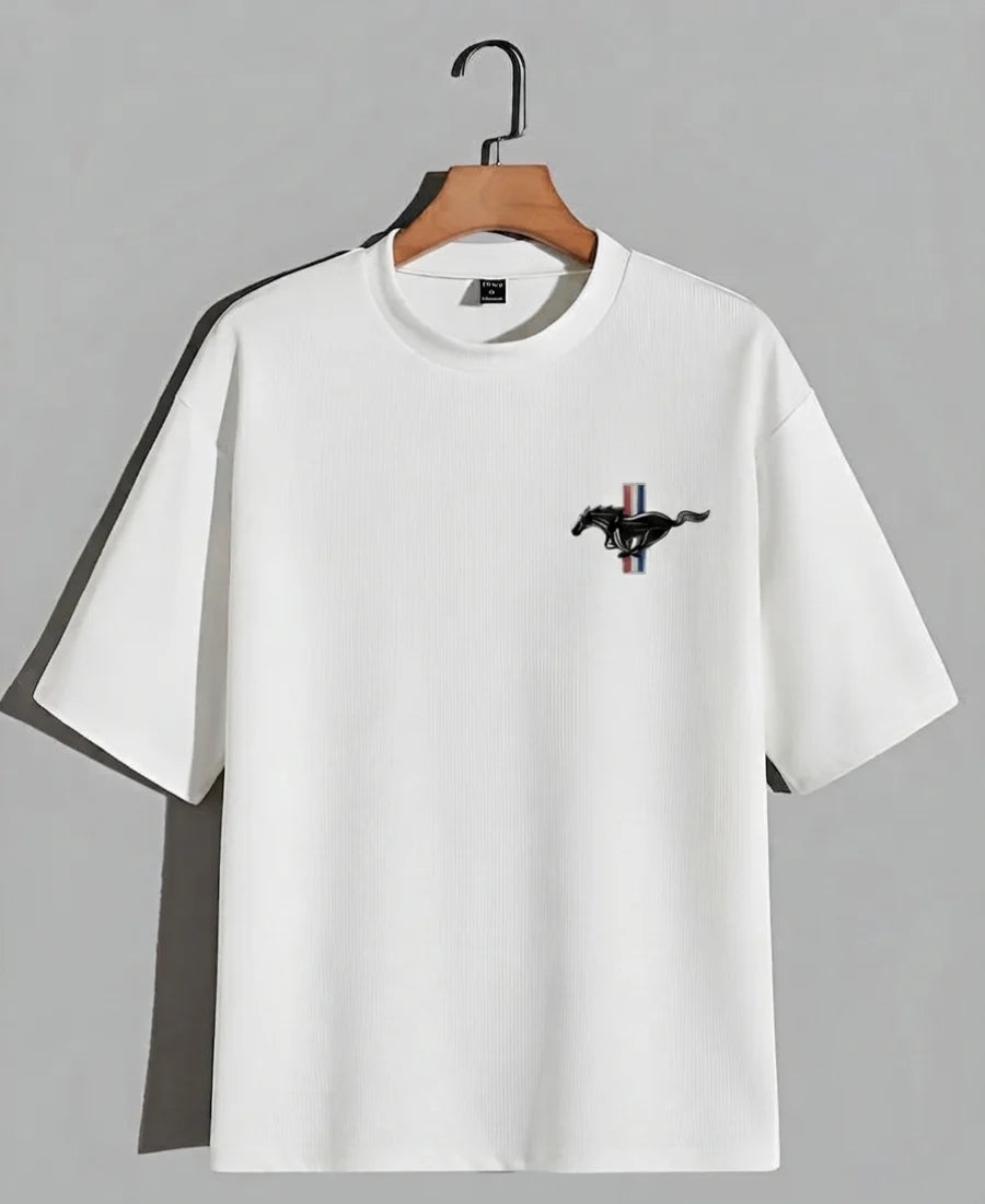 White oversized graphic tee with Need Money for Mustang slogan