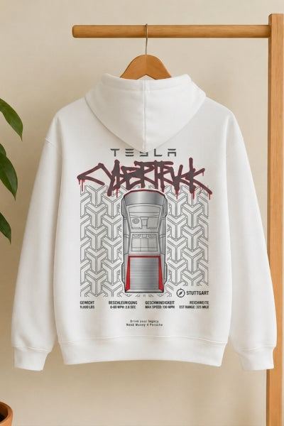 Modern Tesla graphic white hoodie