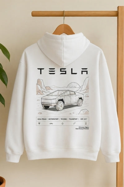 Tesla Dream Garage White Hoodie premium graphic streetwear oversized unisex pullover