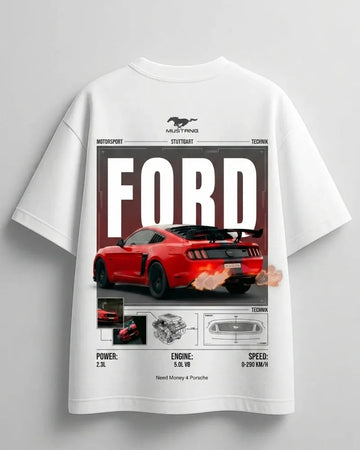 Casual white oversized shirt with Mustang themed artwork