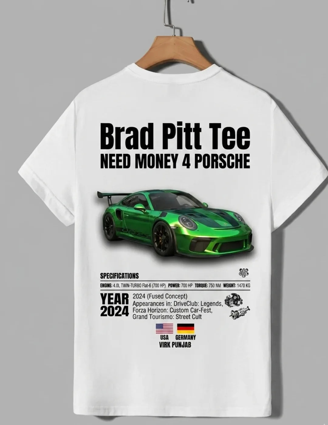 Need Money for Porsche Dodge muscle streetwear Brad Pitt tee side angle trendy casual apparel fit